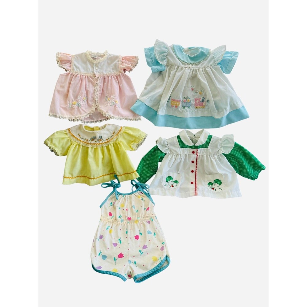 Vintage Baby Girl Or Doll Tops With Embroidery And 1 Romper No Sizes Lot Of 5